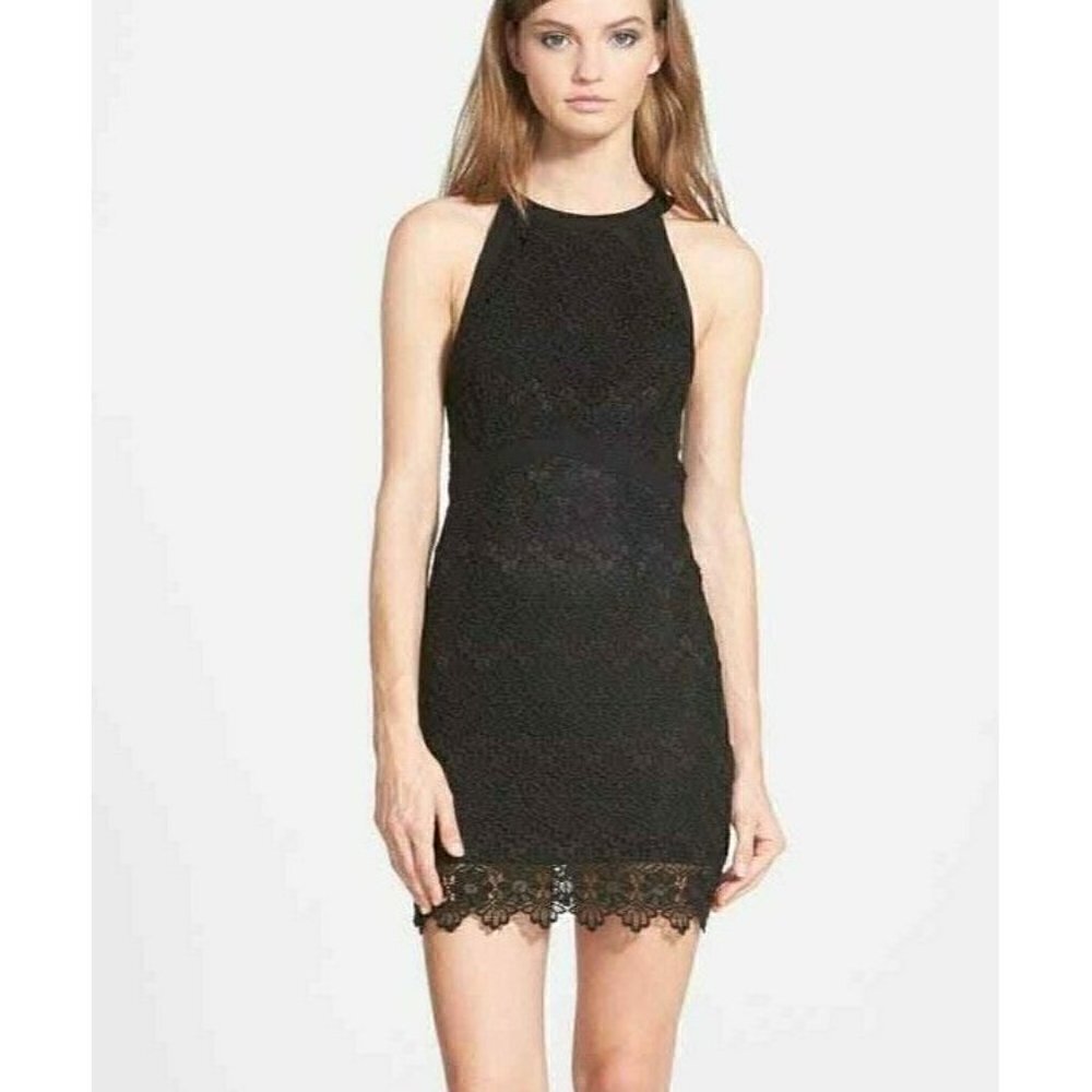 ASTR Women's Crochet Scalloped Hem Bodycon Dress Black Size L